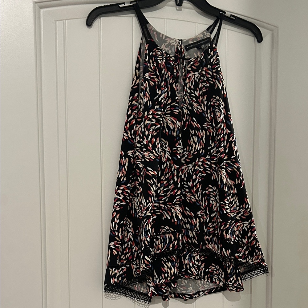 White House Black Market Black Printed Halter Camisole with Lace Trim
